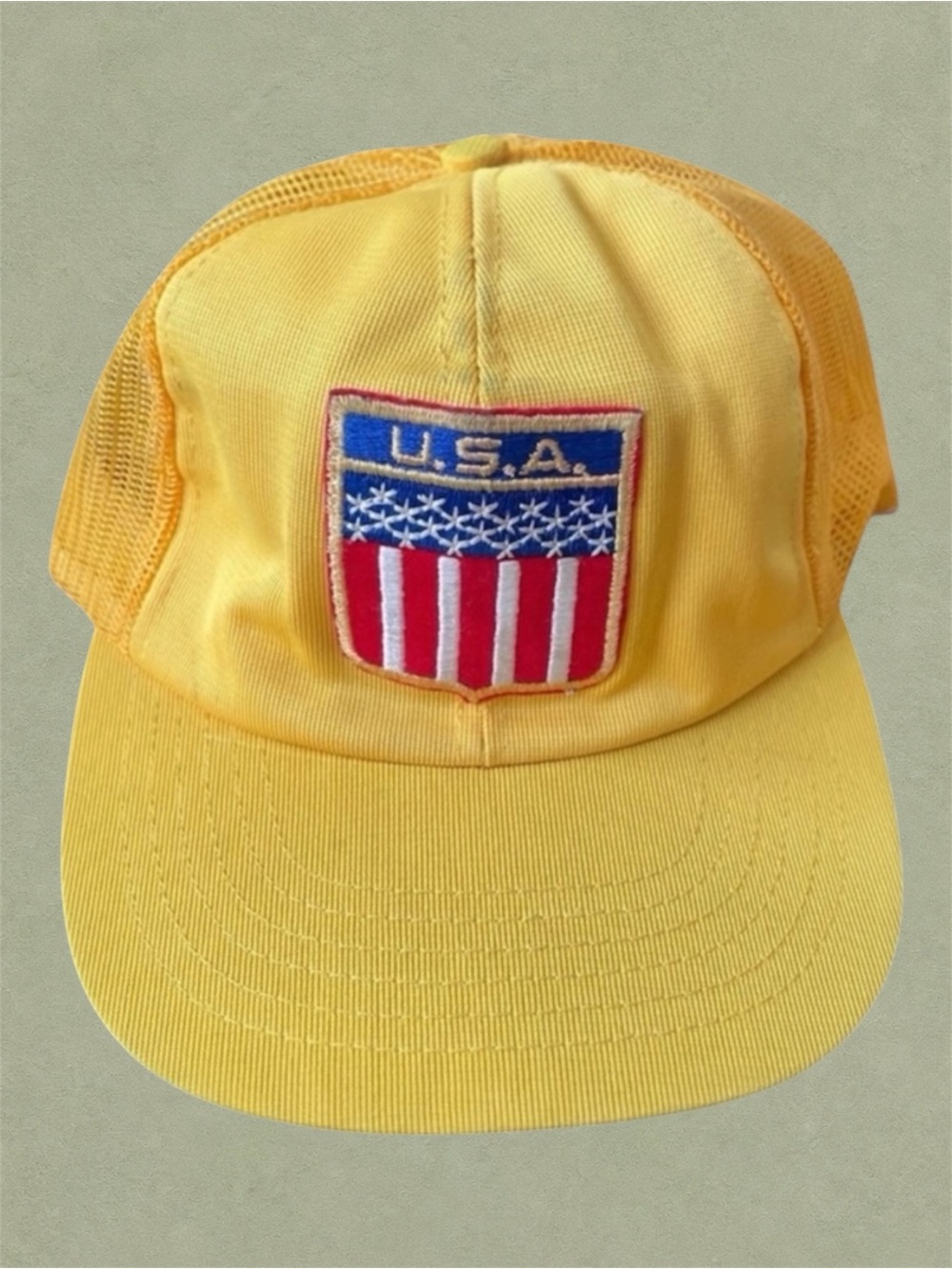 Vintage USA Trucker Hat Farmer Cap Yellow Mesh 1980s Americana Patriotic Patch